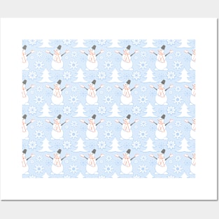 Winter pattern with snowman and snowflakes Posters and Art